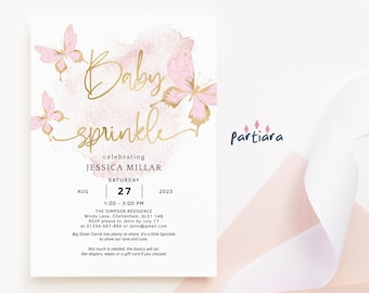 Baby Sprinkle Invite Girl Little Butterfly Tea Party Invitations Printable Editable Digital Download Template Blush Pink Gold Decor P293