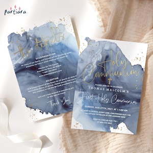 Invitación de comunión para niño, programa de primera comunión, tarjeta imprimible, decoración azul marino, blanco y dorado, plantilla editable P239