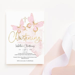 Baby Mädchen Taufe Einladung Schmetterling Blush Rosa Gold Taufe Party einladen Printable Bearbeitbare Digitaler Download Vorlage P293