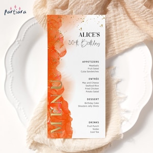 Editable Menu Graduation Dinner Party Orange Gold Bar Menus Printable Ladies Bridal Shower Birthday Party Table Decor Digital Download P515