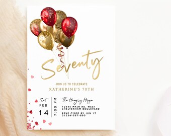 Red 70th Birthday Invitation Printable: Surprise 70th Party Invites for Her P216