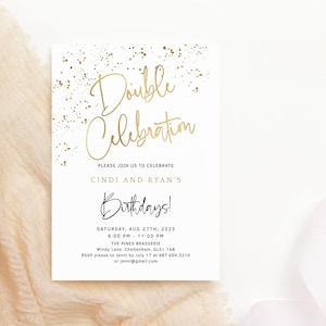 Dubbele viering uitnodigen afdrukbare verjaardagsuitnodigingen digitale download elegante volledig witgouden diner en drankjes partij bewerkbare download P493