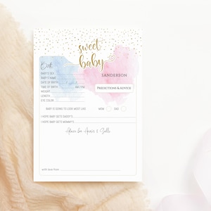 Gender Reveal-spelvoorspellingskaarten afdrukbaar, kaart met wensen en advies voor babyshowers, pastelblauwroze wolkdecor, bewerkbare download P16