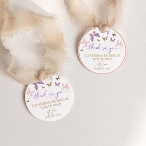 Vlinder bedankje cadeaukaartje, meisje baby shower gunst geschenken labelsjabloon, 1e verjaardag goodiebag decor, bewerkbare afdrukbare download P345
