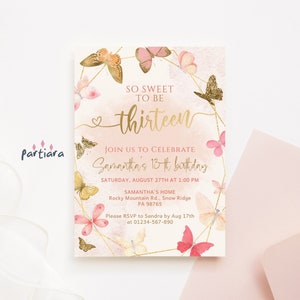 Boho 13. Geburtstag einladen Schmetterling Vorlage, Mädchen so süß 13 druckbare Einladung, Pfirsich rosa Dekorkarte, bearbeitbarer Download P130