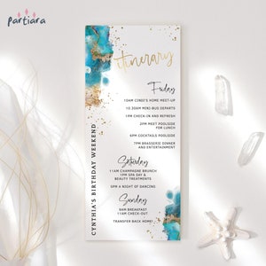 Modèle d'itinéraire d'anniversaire, programme du dîner du 30e anniversaire, carte des détails du week-end, décoration sur le thème de la plage, or bleu sarcelle, modifiable P243