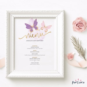 Editable Butterfly Menu Card Birthday Purple Pink Gold Tea Party Buffet ...