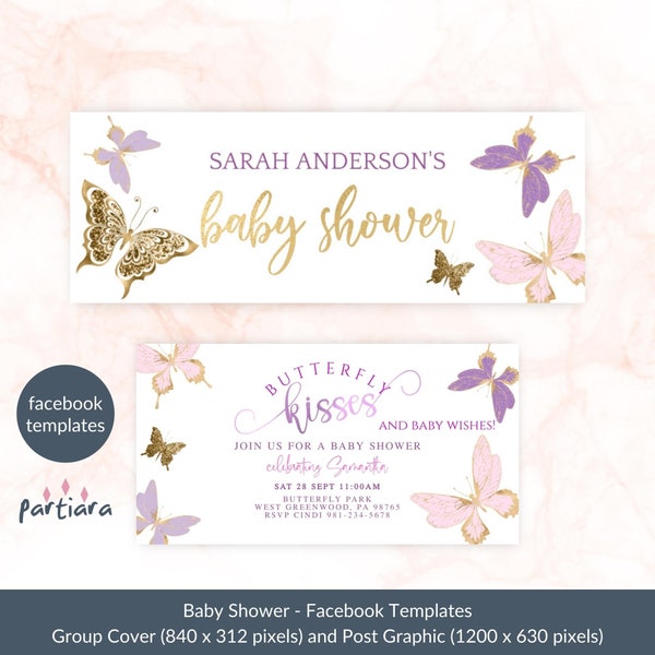 Butterfly Facebook Banner and Post Editable Template Girl Baby Shower Party Digital Social Media Invitation Pack Blush Lilac Gold P6 P345