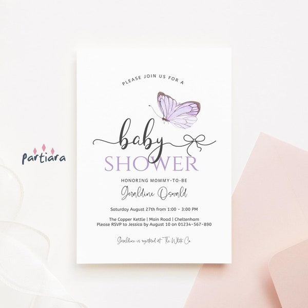 Lilac Butterfly Baby Shower Invite Editable Girl Baby Sprinkle Party Invites Printable Pastel Lavender and Grey Decor Digital Download P51