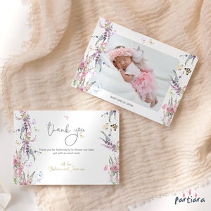 Baby Wildflower Thank You Card Photo Printable Baby Shower Thank You Notecard Pastel Floral Butterfly Editable Digital Download P256