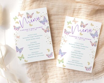 Pastel Butterfly Baby Shower Menu Cards Girl 1st Birthday Party Menus Printable Rainbow Pink Lilac Gold Decor Editable Digital Download P87