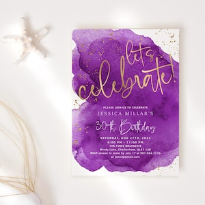 Lila Geburtstagseinladung Damen Party Feier einladen Bearbeitbare Digitaler Download Druckbare Vorlage Shades of Purple Gold Dekor P281