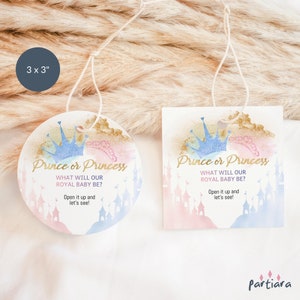 Baby Reveal Tags Prince or Princess Favor Gifts Label Boy or Girl Fairytale Theme Castles Printable Pastel Blue Pink Gold Editable P137
