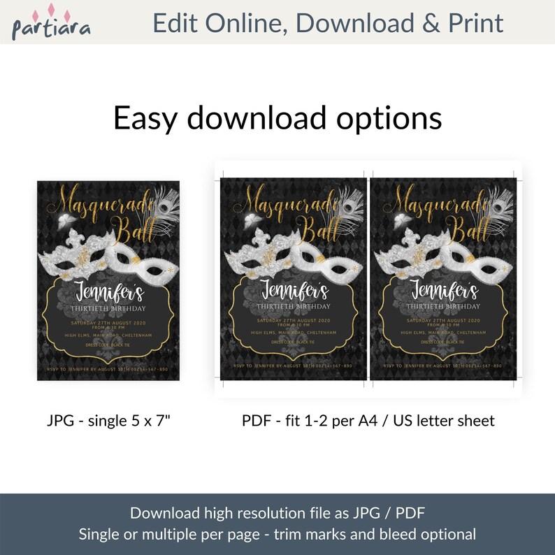 Masquerade Ball Birthday Invitation Printable Black Gold - Etsy