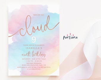 Editable Cloud 9 Invitation Template: Girls 9th Birthday Rainbow Invite Printable P179