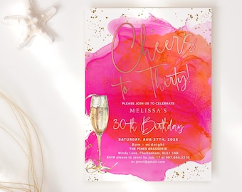 Invito per il 30° compleanno, brunch con champagne, rosa shocking e arancione (modello modificabile) P200