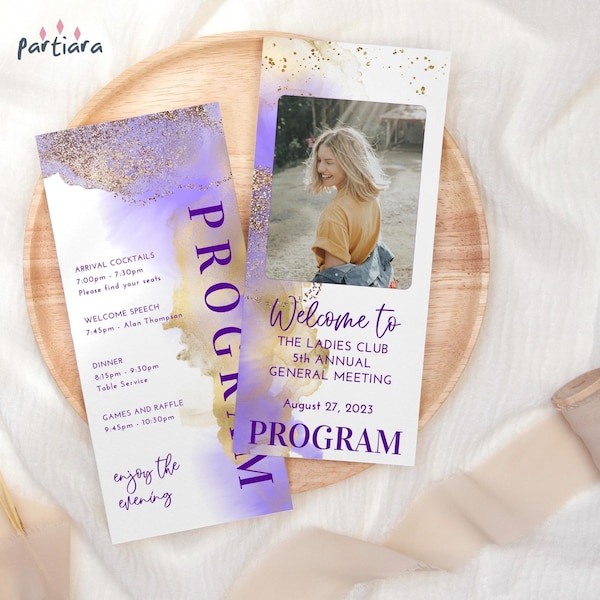 Purple Gold Program Card Photo Programs Ladies Lilac Dinner Party Double Sided Table Decor Printable Editable Digital Download Template P719