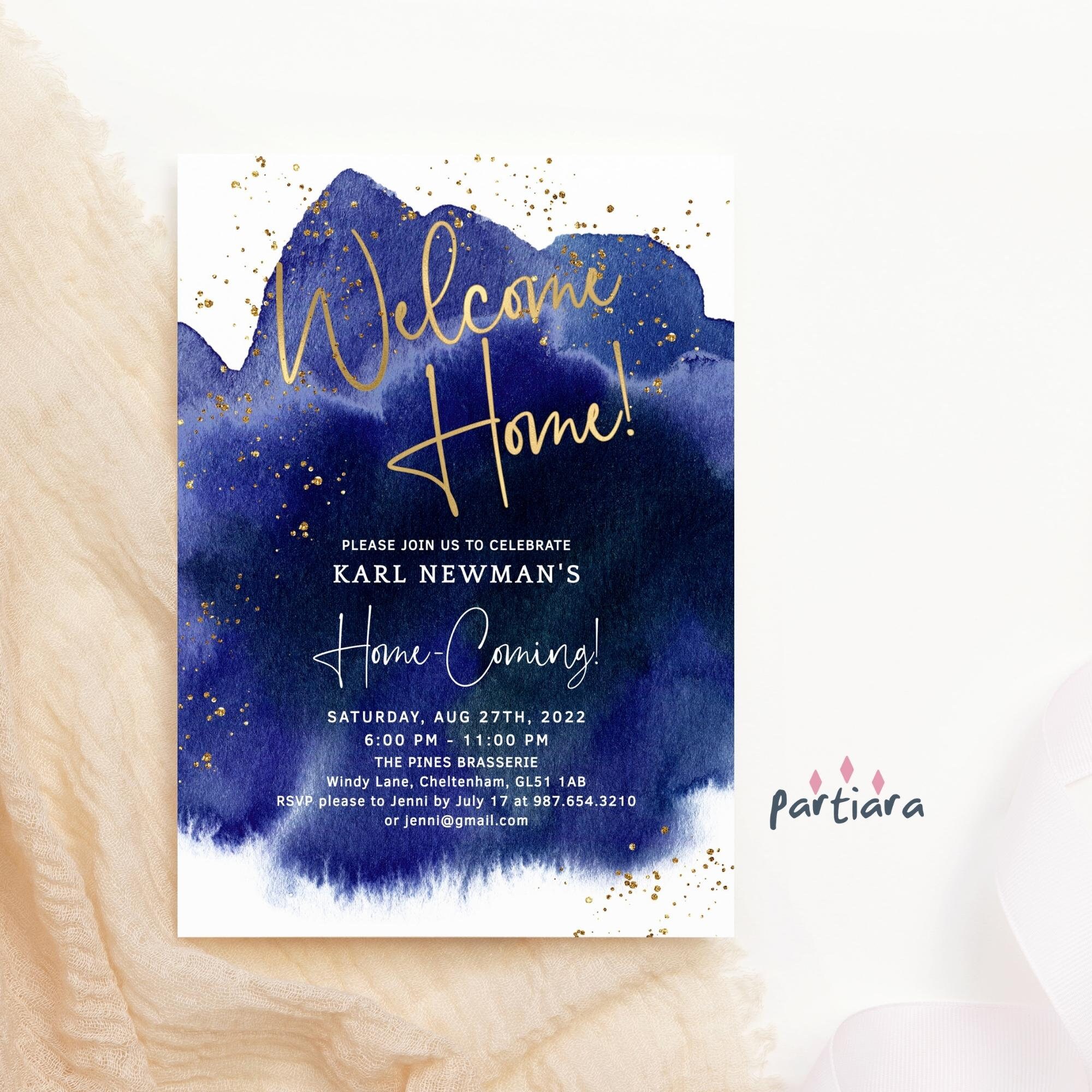 Home Party Invitation Printable Blue and Gold Home Etsy