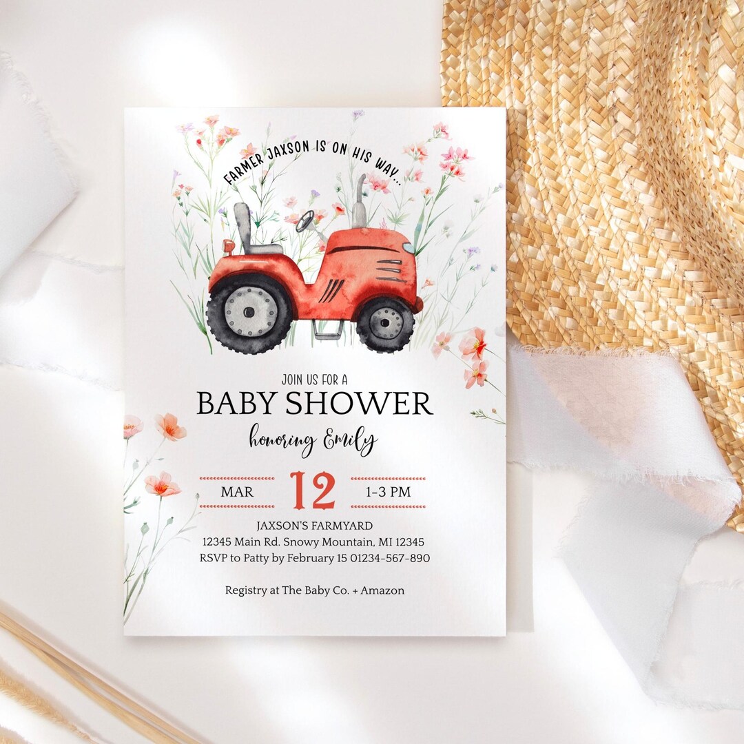 Farm Baby Shower Tractor Invite Template, Boys Little Farmer Party ...