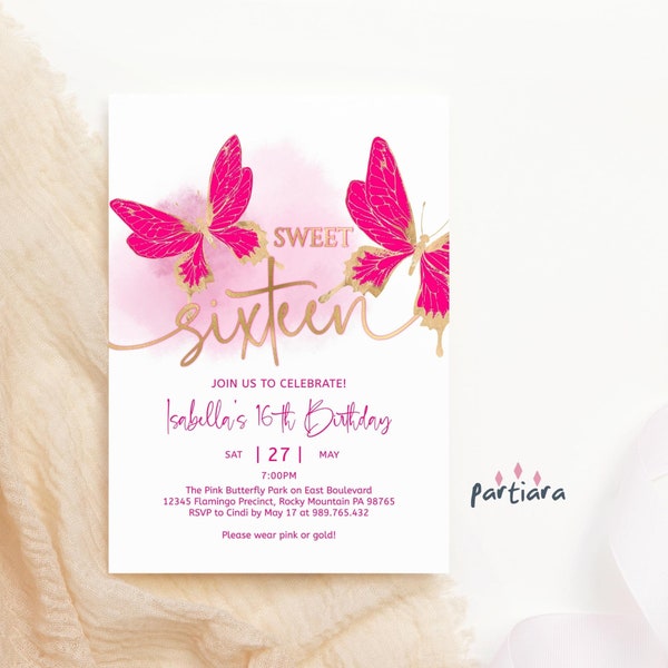 Hot Pink Butterfly 16th Birthday Invite Sweet Sixteen Brunch Lunch Dinner Party Invitation Printable Editable Digital Download Template P720