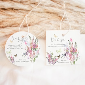 Butterfly Thank You Card Template, Wildflower Birthday Favor Tags Printable, Girls 1st Birthday Party Floral Labels, Editable Download P256