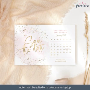 Rosa Save the Date Karte Geburtstagsparty zum ausdrucken für Mädchen, Pastellrosa und Goldsprenkeln Save the Dates Bearbeitbarer Kalender Vorlage P249