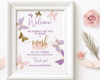 Butterfly Baby Shower Wear a Mask Sign Printable Girl Birthday Party Social Distancing Masks Table Poster Decor Editable Template P6 P345