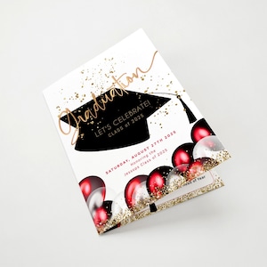 May include: Graduation invitation with a black graduation cap, red and white balloons, and gold glitter. The text reads "Graduation" in gold script, "Let's Celebrate! Class of 2025", "Saturday, August 27th 2025", "Honoring the Jessops Class of 2025".