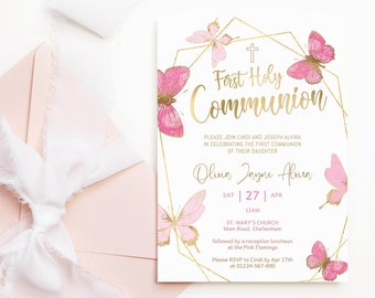 Editable Holy Communion Invite Template, Girls Butterfly First Communion Party Invitation Printable, Pink Gold Butterflies Download P144