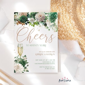 Emerald Floral Invitation, Birthday Party Invite Digital Download, Green Cream and Gold Lunch or Dinner Cards Printable, Editable P789