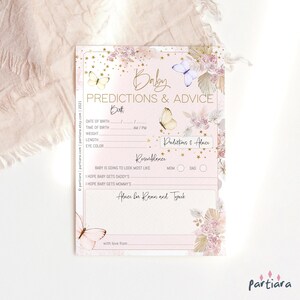 Modèle de carte de baby shower de prédictions bohèmes, carte de voeux de fille de voeux et de conseils imprimable, jeu modifiable de décor de pampa floral rose de papillon P171