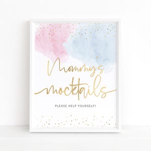 Letrero para mesa de baby shower con cócteles sin alcohol para mamás, imprimible, póster de decoración con cócteles para revelar el género en tonos azul pastel y rosa, plantilla editable para descargar P16
