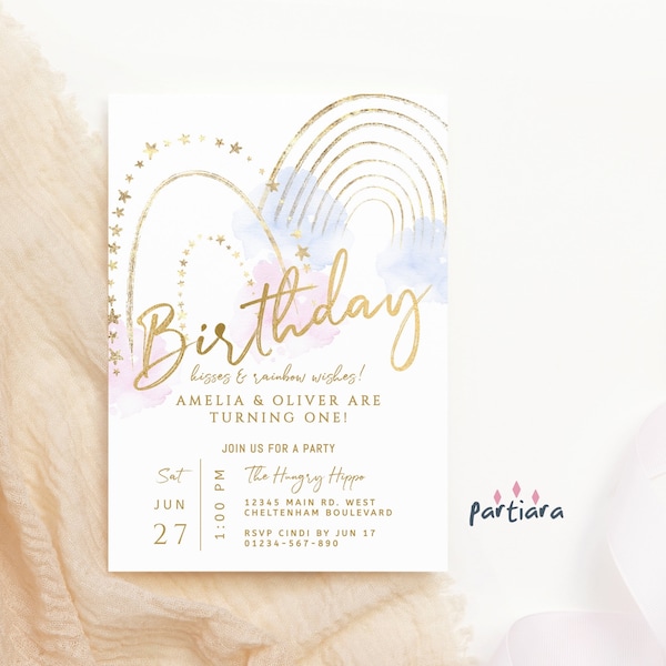 Twin Boy Girl Birthday Invitation Editable Rainbows 1st Birthday Party Invites Printable Pastel Blue and Pink Gold Decor Download P136