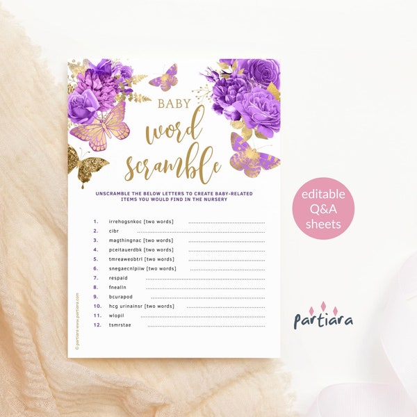 Word Scramble Game Baby Shower Party Activity Games Girl Unscramble Words Floral Lilac Purple Gold Editable Download Template P36