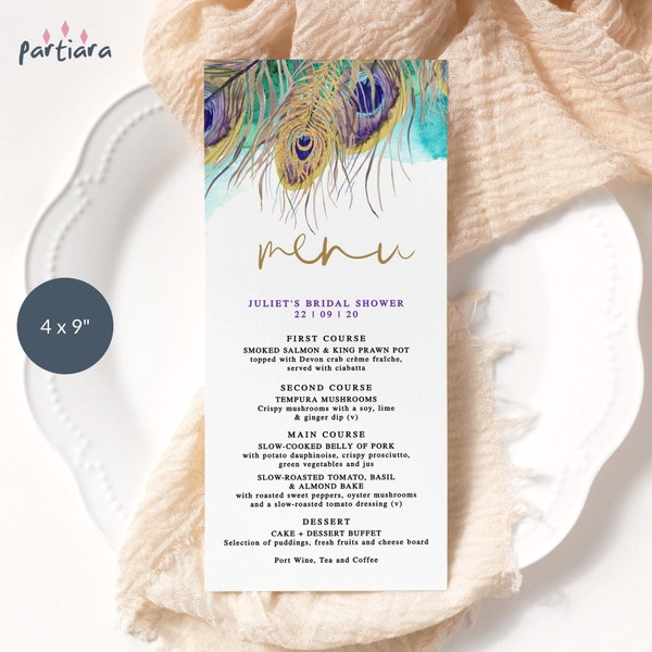 Peacock Feathers Menu Cards Editable Birthday Party Dinner Slim Menus Bridal Wedding Shower Table Decoration DIY Printable Download P83