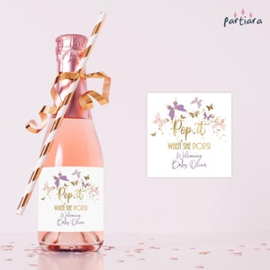Etichette per vino per baby shower, modello per feste a farfalla per ragazze, etichette per regali di benvenuto stampabili, rosa viola, modificabili, download digitale P345