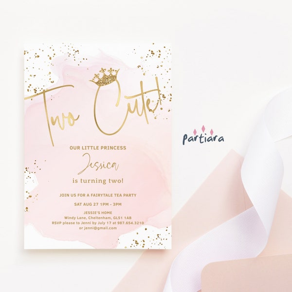 Pink Princess 2nd Birthday Invitation Printable, Pastel Blush Gold Fairytale Party Invite Editable Template for Girls, Digital Download P458