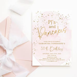 PJs and Pancakes Invite Ladies Birthday Pamper Party Invitation Teen Girls Sleepover Blush Pink Gold Editable Digital Download P249