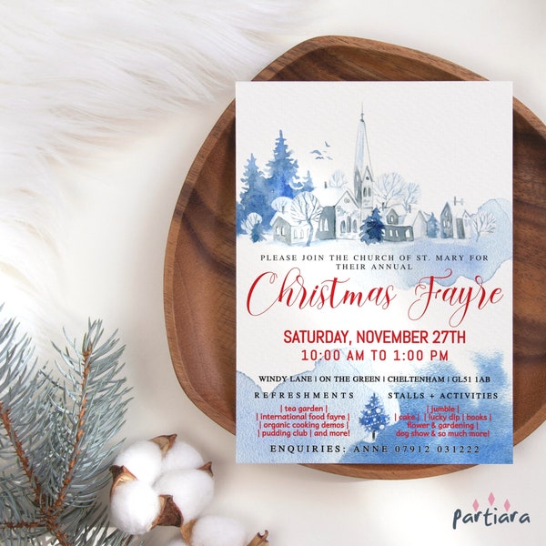 Christmas Carols Church Event Flyer Printable Market Fair Invitation Editable Template Blue and Gold Winter Sales Event Digital Download P14