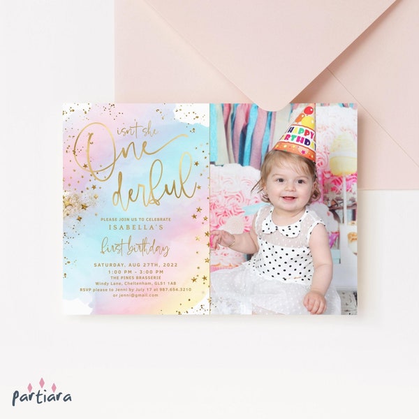 Girl 1st First Birthday Onederful Tea Party Invitation Printable Magical Pastel Rainbow Tea Party Photo Editable Digital Template P179