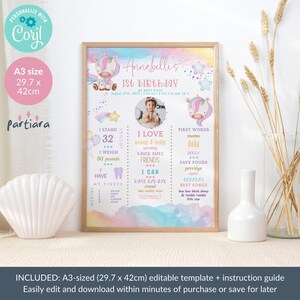 Puede incluir: Un p&oacute;ster de hitos del primer cumplea&ntilde;os imprimible y colorido con tem&aacute;tica de unicornio. El p&oacute;ster incluye un espacio para fotos, una lista de hitos y un espacio para el nombre del ni&ntilde;o. El p&oacute;ster est&aacute; dise&ntilde;ado para el primer cumplea&ntilde;os de una ni&ntilde;a.