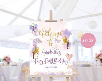 Butterfly Fairy Welcome Sign Birthday Party Poster Decor Girl Pink Lilac Gold Fairies Printable Editable Digital Download Template P87