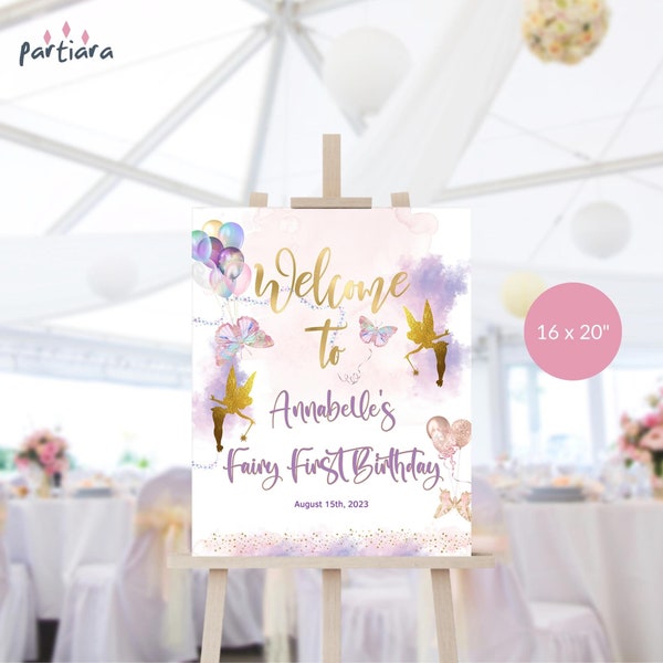 Butterfly Fairy Welcome Sign Birthday Party Poster Decor Girl Pink Lilac Gold Fairies Printable Editable Digital Download Template P87