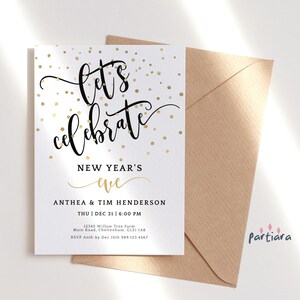 May include: A New Year's Eve invitation with the words "Let's Celebrate" in elegant black script, accented by gold confetti. The invitation includes event details and is paired with a brown envelope. The design is simple and festive.
