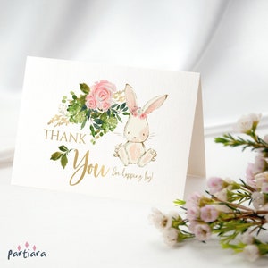 Girl Bunny Thank You Card Template, Baby Shower Party Thankyou Notecard Printable, 1st Birthday Easter Spring Floral Decor, Editable P376