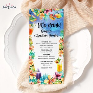 Tropisches Getränkemenü, Hawaiianische Partymenüs, bearbeitbare Luau-Themenbarmenükarte zum Ausdrucken, Geburtstagspool-Getränkemenüs, Vorlage-Download P778