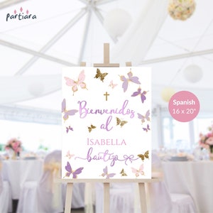 Spanish Baptism Welcome Sign, Butterfly Party Welcome Poster Printable for Girls, Blush Pink Lilac Gold Decor, Editable Download P345