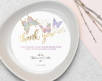 Butterfly Baby Shower Round Thank You Cards Girl, 8" Circle Table Decoration EDITABLE TEMPLATE Pastel Butterflies Printable Thankyou P87