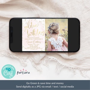 May include: A pink and gold birthday invitation with a watercolour background and gold glitter. The invitation says "Golden Birthday" and "Samantha Townsend's Second Birthday" with the date and time of the party. A photo of a young girl with blonde hair wearing a white dress with lace wings is in the background.