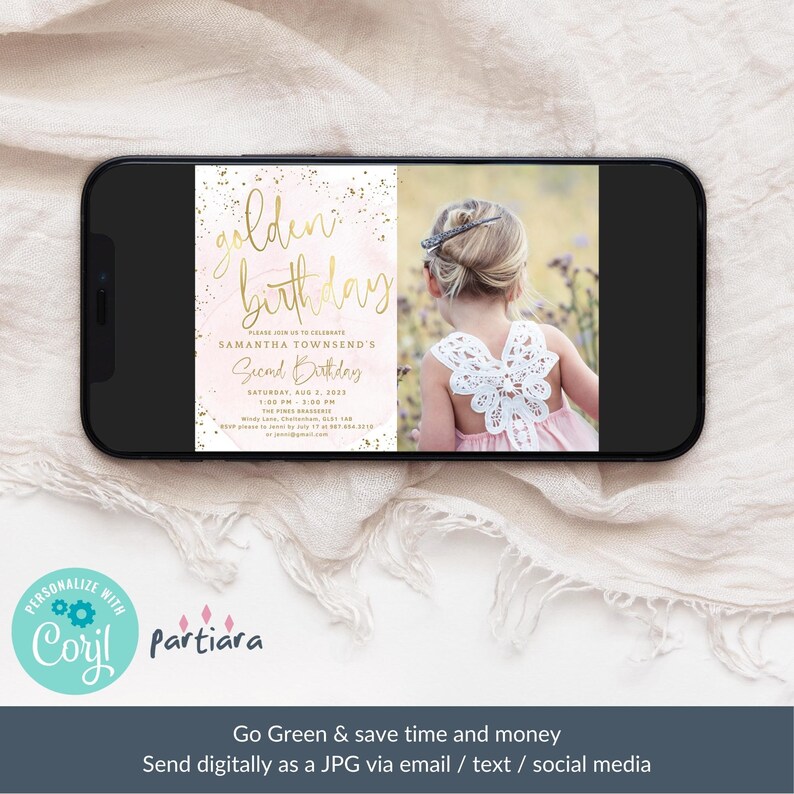 May include: A pink and gold birthday invitation with a watercolour background and gold glitter. The invitation says "Golden Birthday" and "Samantha Townsend's Second Birthday" with the date and time of the party. A photo of a young girl with blonde hair wearing a white dress with lace wings is in the background.